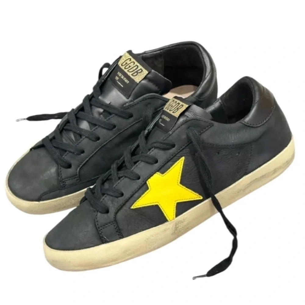 GOLDEN GOOSE Black Nubuck And Yellow Leather Hi Star Sneakers Size 7.5